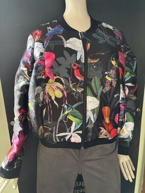 Simons Black Bomber Jacket with Multicolor Floral & Bird Print